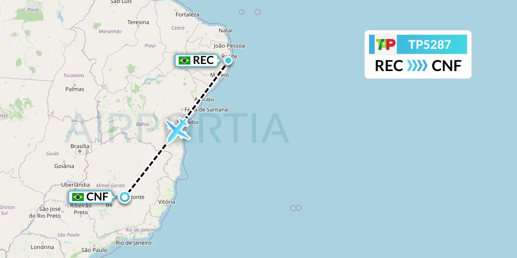 TP5287 TAP Portugal Flight Map: Recife to Belo Horizonte