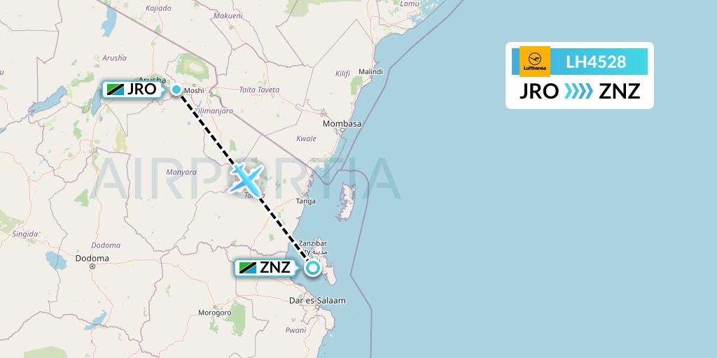 LH4528 Lufthansa Flight Map: Kilimanjaro to Zanzibar