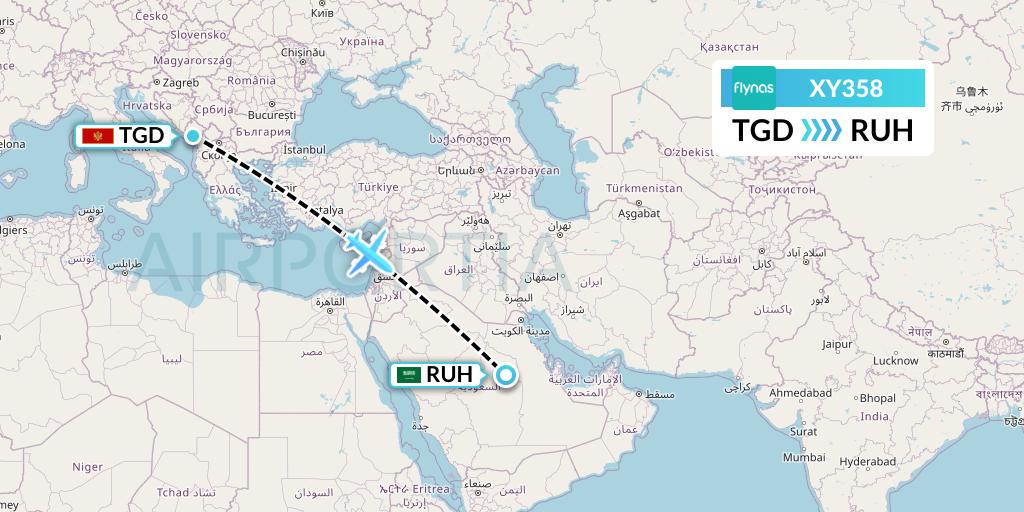 XY358 Flynas Flight Map: Podgorica to Riyadh