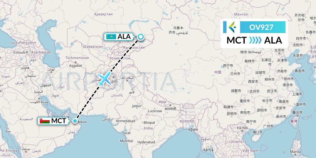 OV927 SalamAir Flight Map: Muscat to Almaty