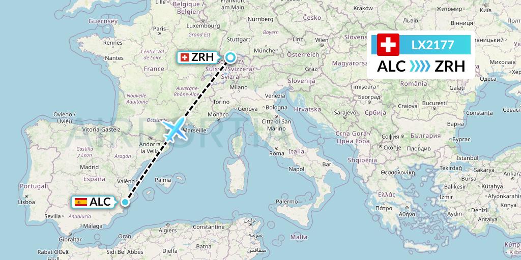 LX2177 Swiss Flight Map: Alicante to Zurich