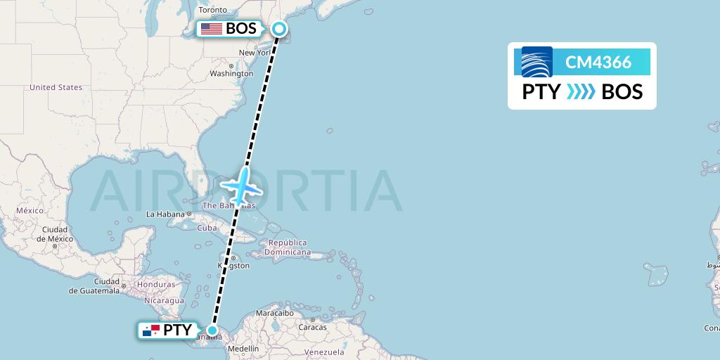 CM4366 Copa Airlines Flight Map: Panama City to Boston