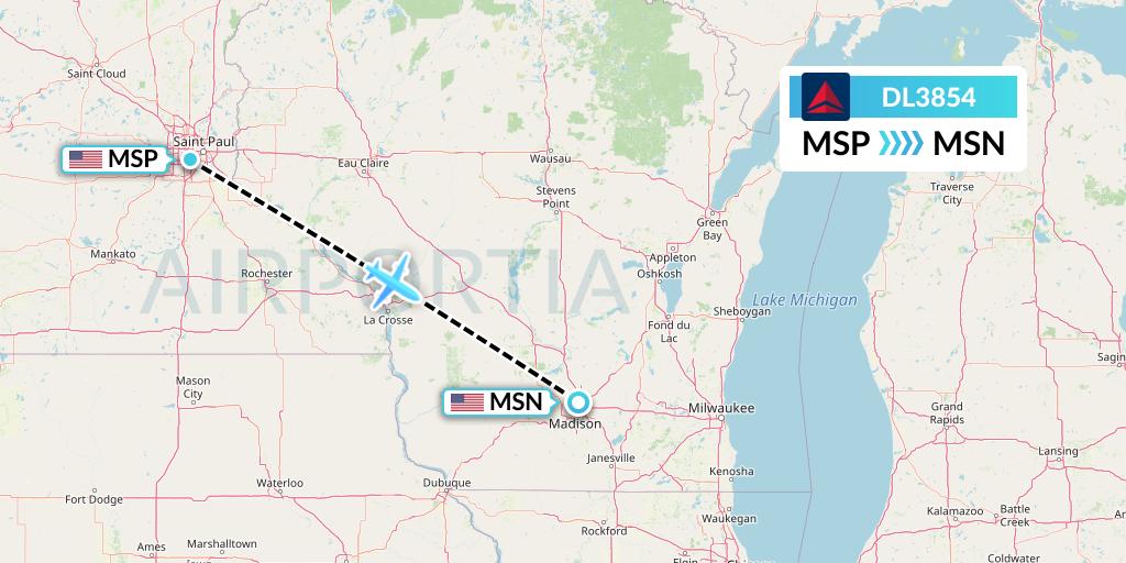 DL3854 Delta Air Lines Flight Map: Minneapolis to Madison