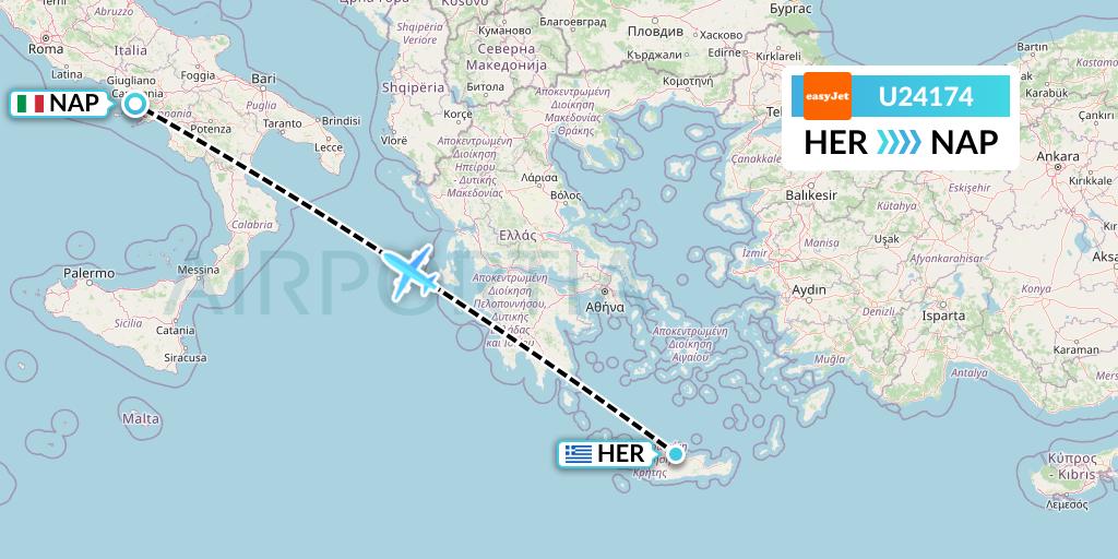U24174 EasyJet Flight Map: Heraklion to Naples
