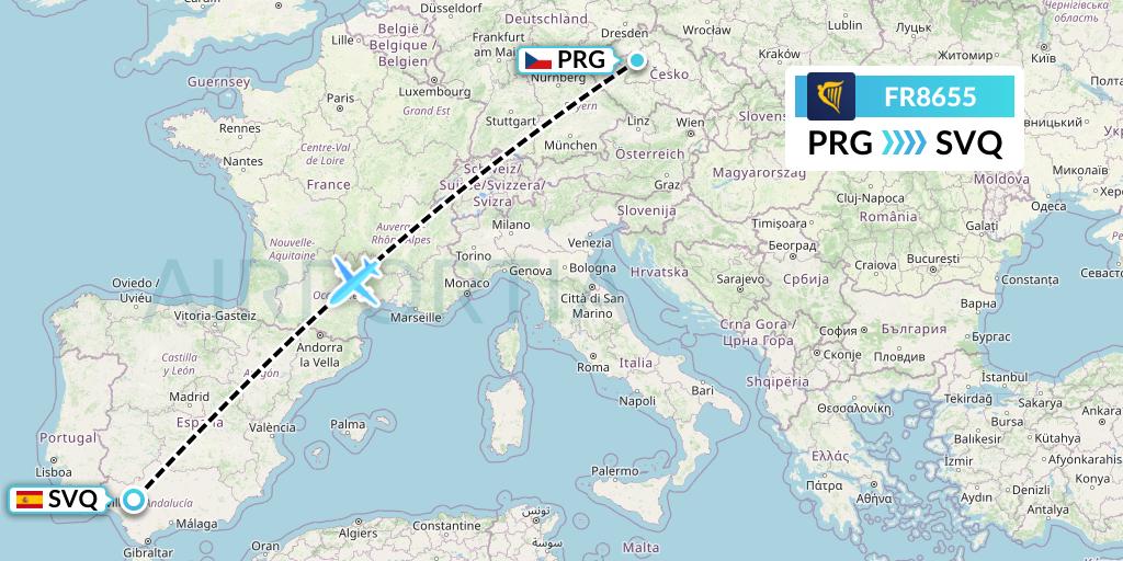 FR8655 Ryanair Flight Map: Prague to Seville
