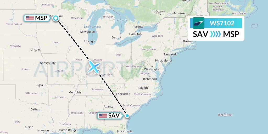 WS7102 WestJet Flight Map: Savannah to Minneapolis