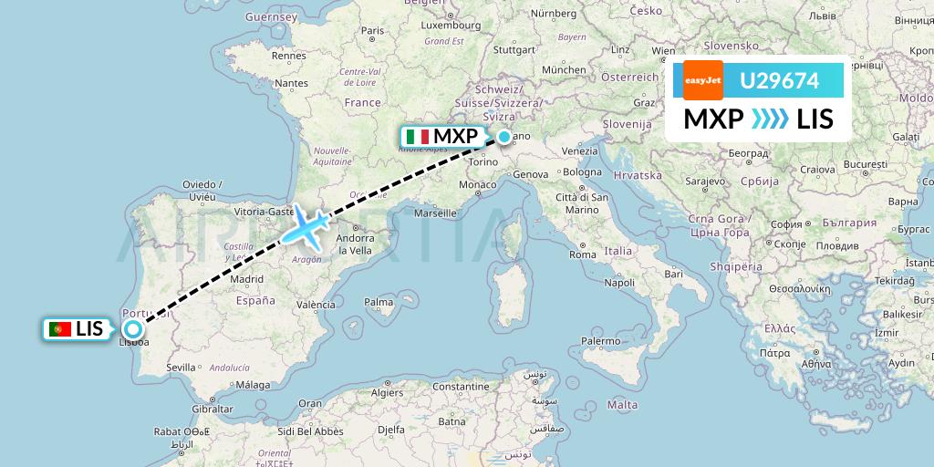U29674 EasyJet Flight Map: Milan to Lisbon