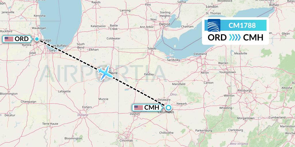 CM1788 Copa Airlines Flight Map: Chicago to Columbus