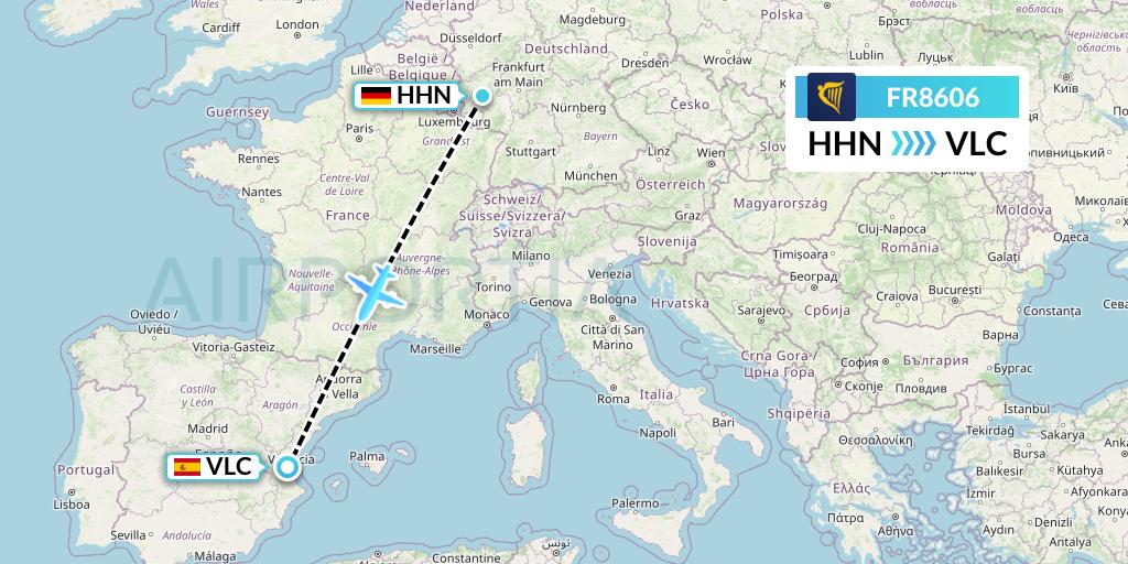 FR8606 Ryanair Flight Map: Hahn to Valencia