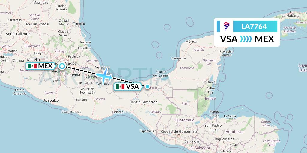 LA7764 LAN Airlines Flight Map: Villahermosa to Mexico City