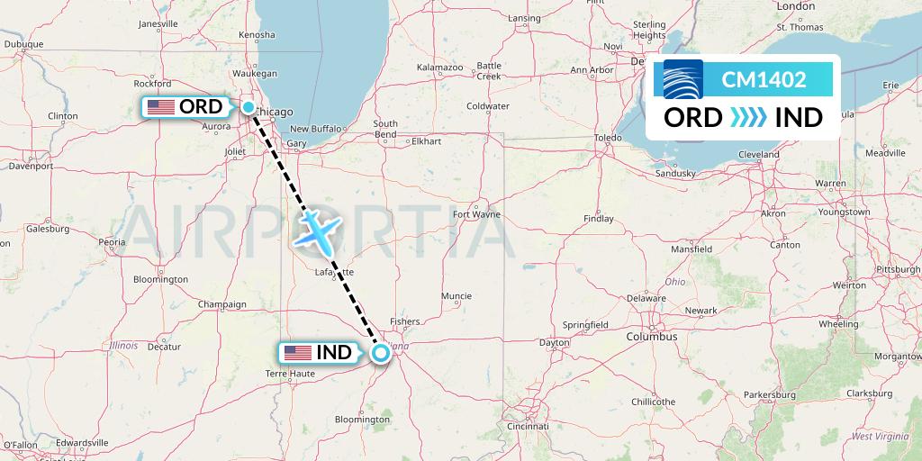 CM1402 Copa Airlines Flight Map: Chicago to Indianapolis