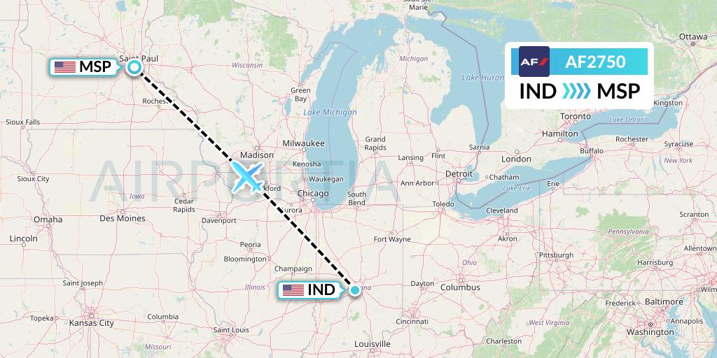 AF2750 Air France Flight Map: Indianapolis to Minneapolis