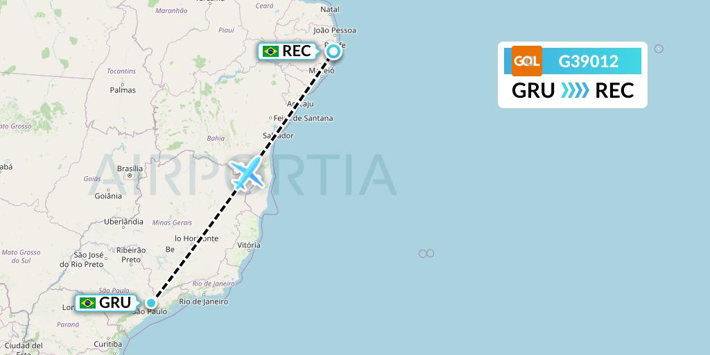 G39012 GOL Transportes Aeros Flight Map: Sao Paulo to Recife