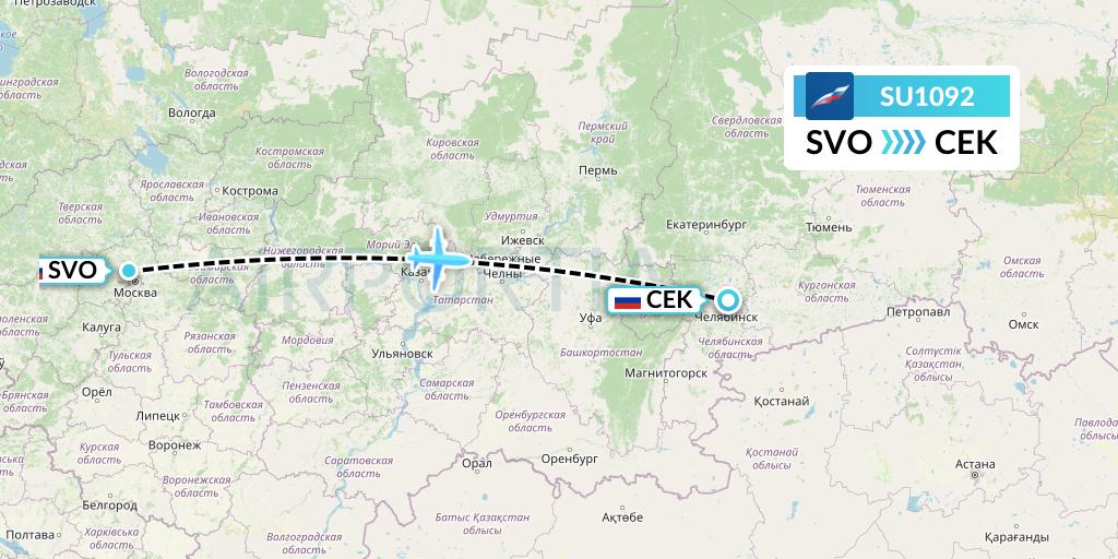 SU1092 Aeroflot Flight Map: Moscow to Chelyabinsk