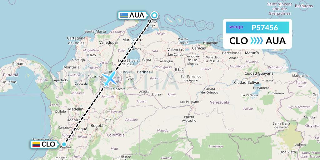 P57456 Copa Airlines Colombia Flight Map: Cali to Oranjestad