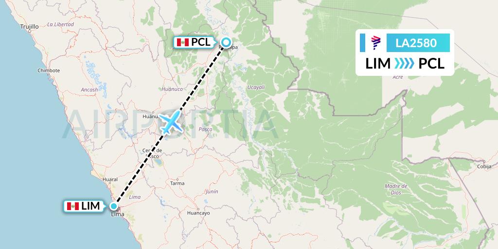 LA2580 LAN Airlines Flight Map: Lima to Pucallpa