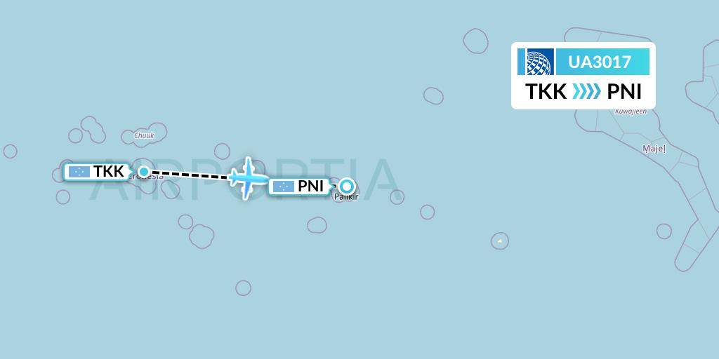 UA3017 United Airlines Flight Map: Chuuk to Pohnpei