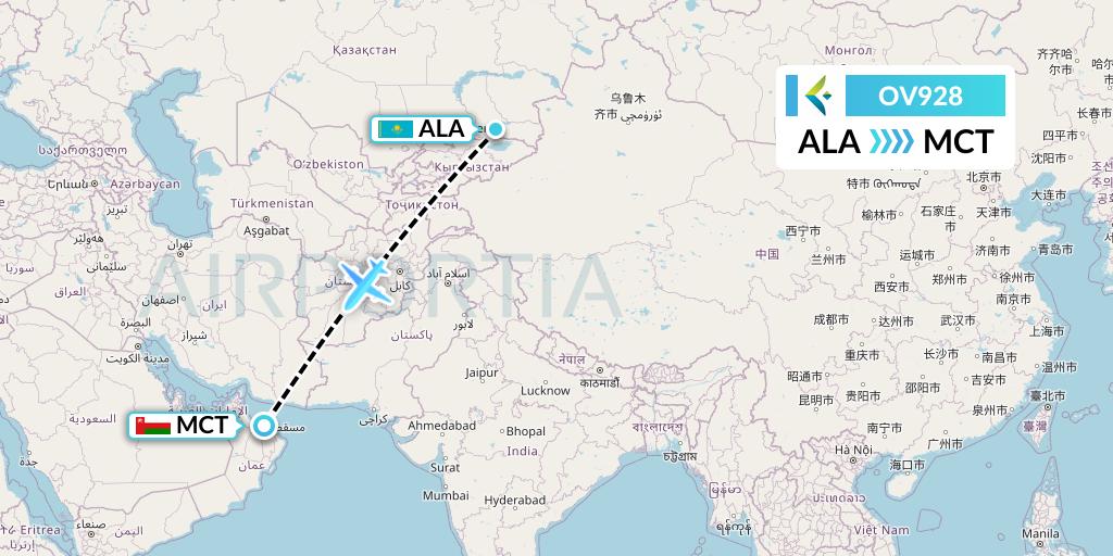 OV928 SalamAir Flight Map: Almaty to Muscat