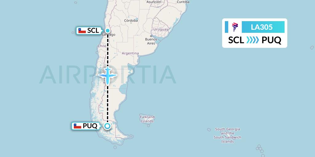 LA305 LAN Airlines Flight Map: Santiago to Punta Arenas