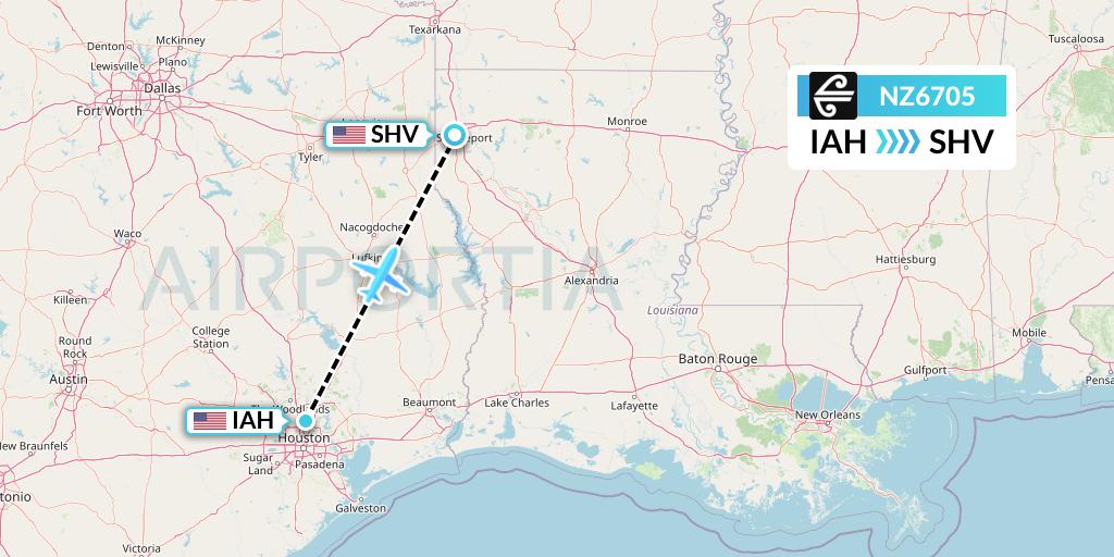 NZ6705 Air New Zealand Flight Map: Houston to Shreveport
