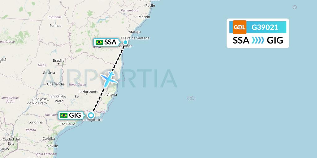 G39021 GOL Transportes Aeros Flight Map: Salvador to Rio de Janeiro