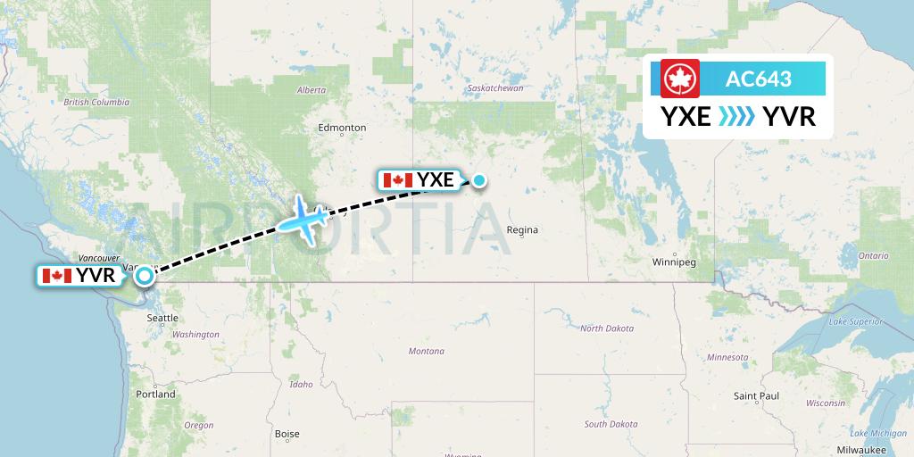 AC643 Air Canada Flight Map: Saskatoon to Vancouver