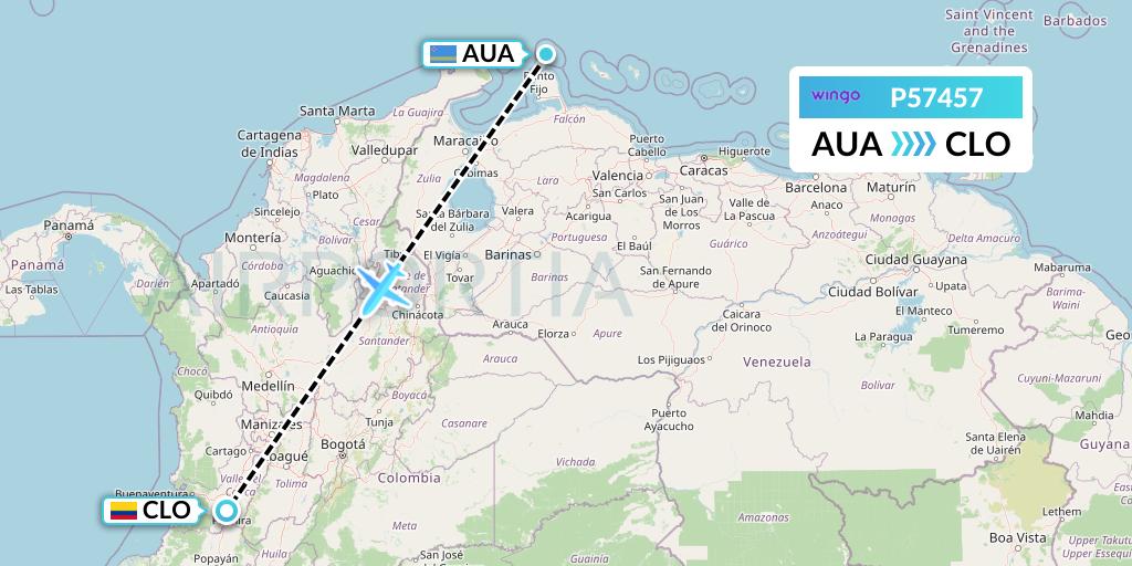 P57457 Copa Airlines Colombia Flight Map: Oranjestad to Cali