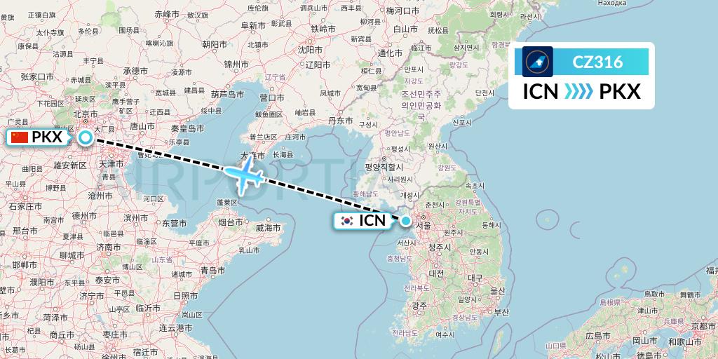 CZ316 China Southern Airlines Flight Map: Seoul to Beijing