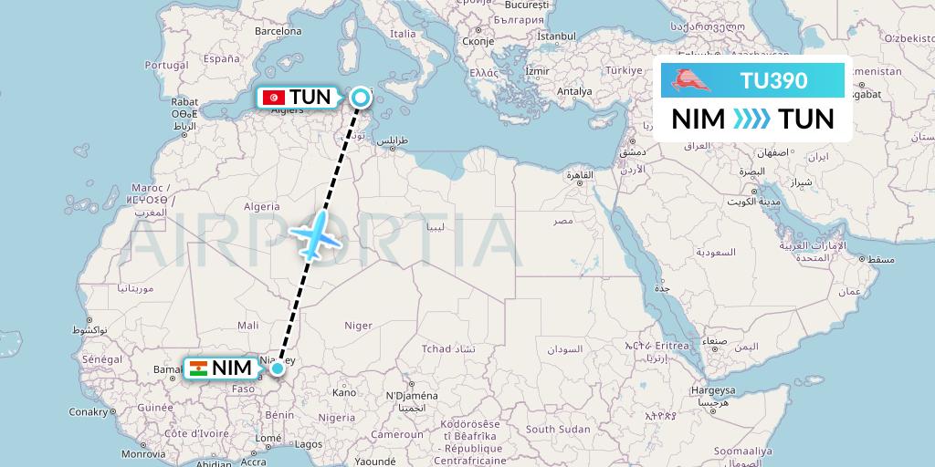 TU390 Tunisair Flight Map: Niamey to Tunis
