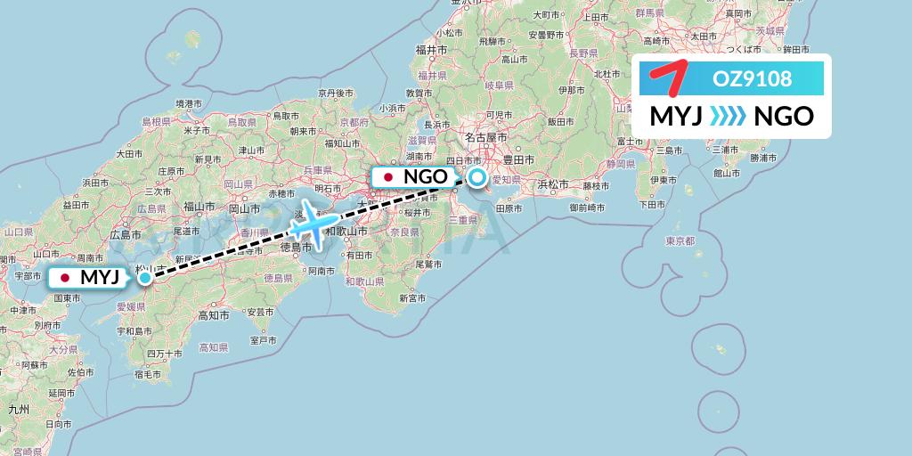 OZ9108 Asiana Airlines Flight Map: Matsuyama to Nagoya