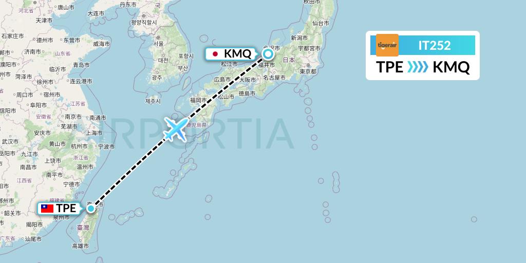 IT252 Tigerair Taiwan Flight Map: Taipei to Komatsu
