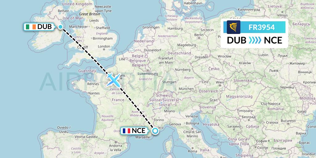 FR3954 Ryanair Flight Map: Dublin to Nice