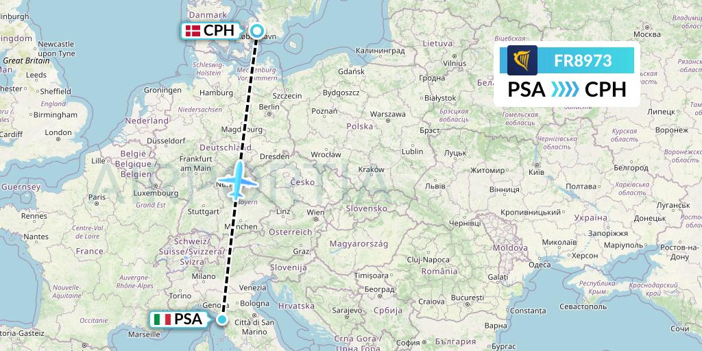 FR8973 Ryanair Flight Map: Pisa to Copenhagen