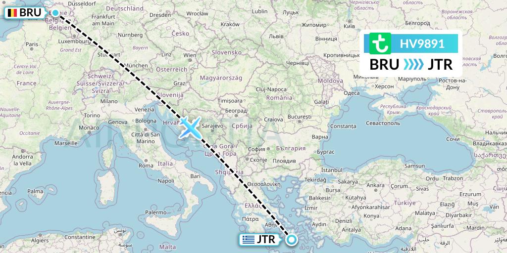 HV9891 Transavia Flight Map: Brussels to Santorini