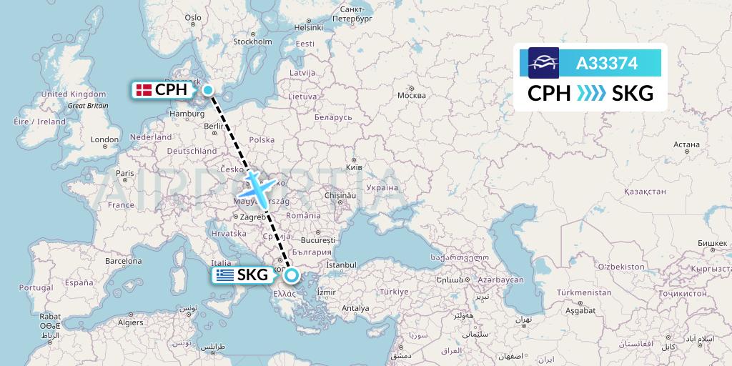 A33374 Aegean Airlines Flight Map: Copenhagen to Thessaloniki
