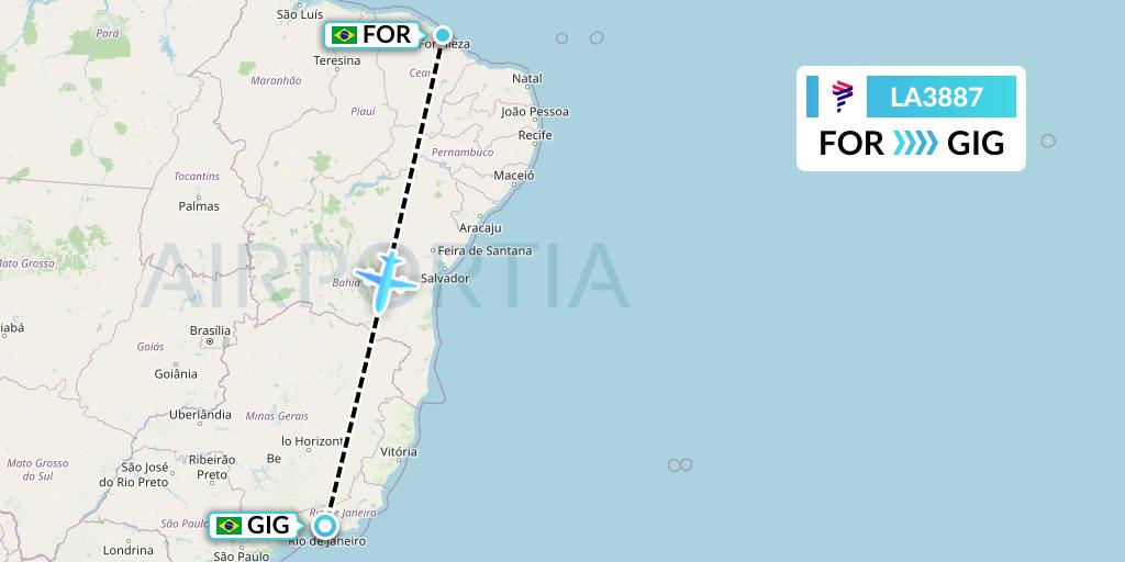 LA3887 LAN Airlines Flight Map: Fortaleza to Rio de Janeiro