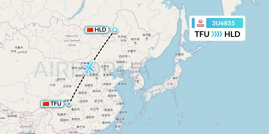 3U6855 Sichuan Airlines Flight Map: Chengdu to Hailar