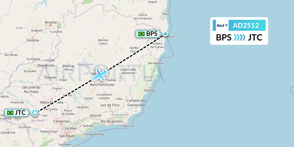 AD2512 Azul Brazilian Airlines Flight Map: Porto Seguro to Bauru