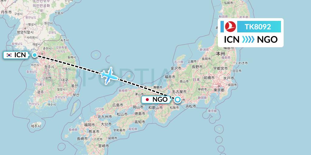 TK8092 Turkish Airlines Flight Map: Seoul to Nagoya