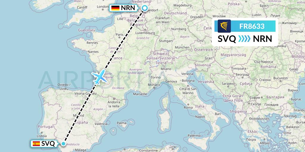 FR8633 Ryanair Flight Map: Seville to Weeze