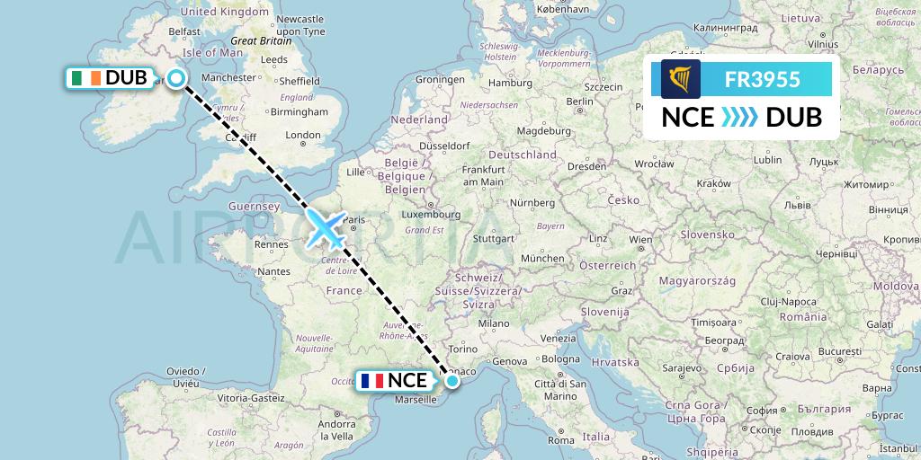 FR3955 Ryanair Flight Map: Nice to Dublin