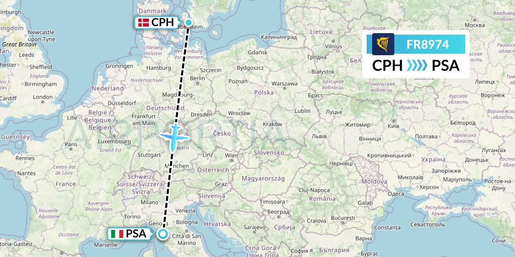 FR8974 Ryanair Flight Map: Copenhagen to Pisa