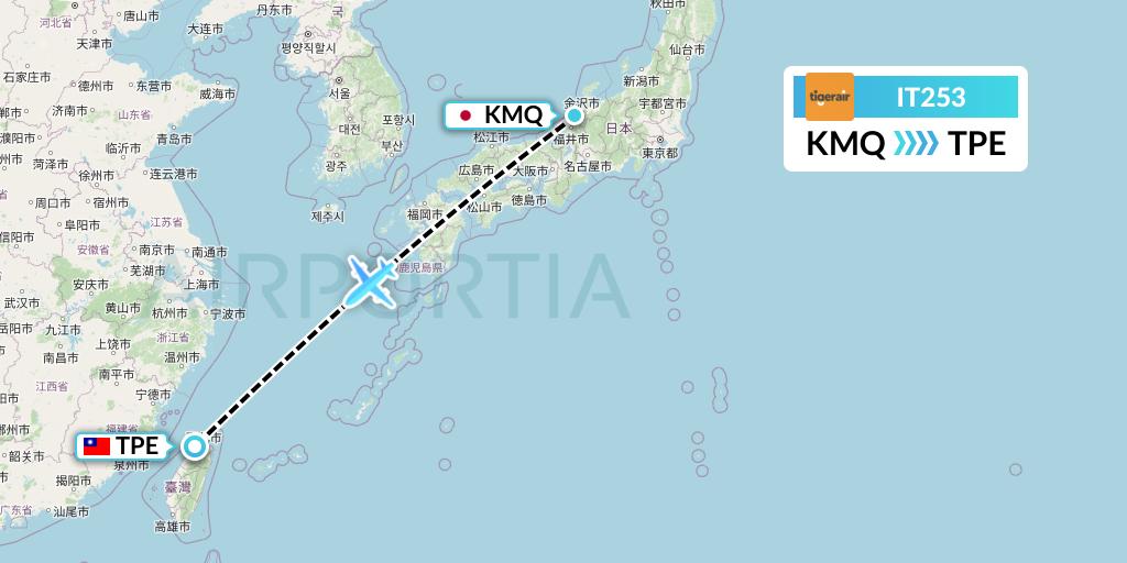 IT253 Tigerair Taiwan Flight Map: Komatsu to Taipei