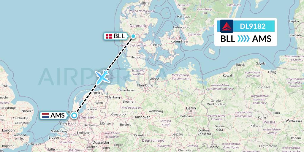 DL9182 Delta Air Lines Flight Map: Billund to Amsterdam
