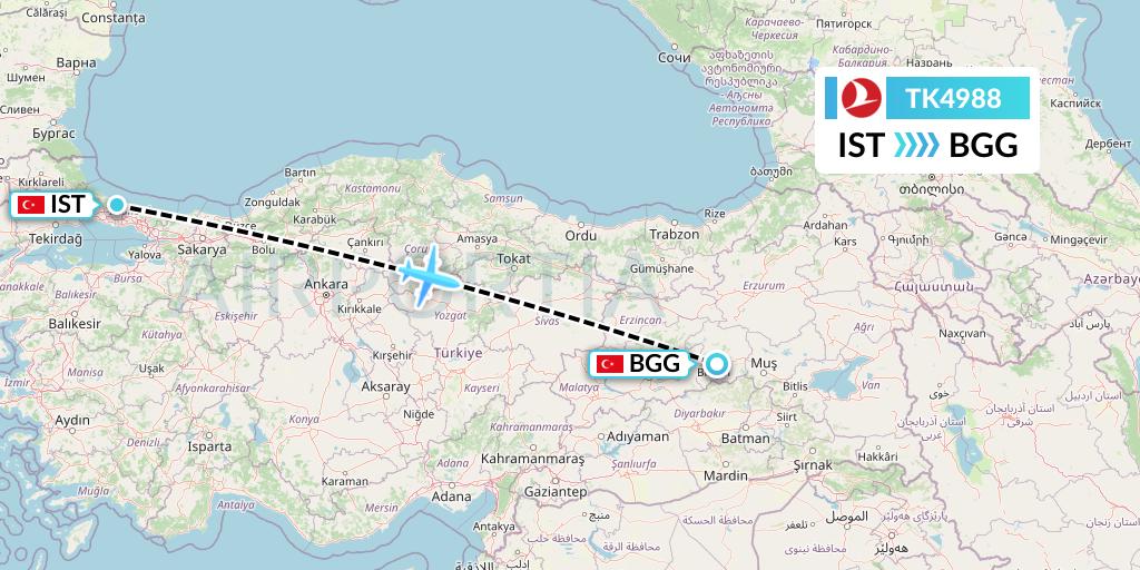 TK4988 Turkish Airlines Flight Map: Istanbul to Bingol