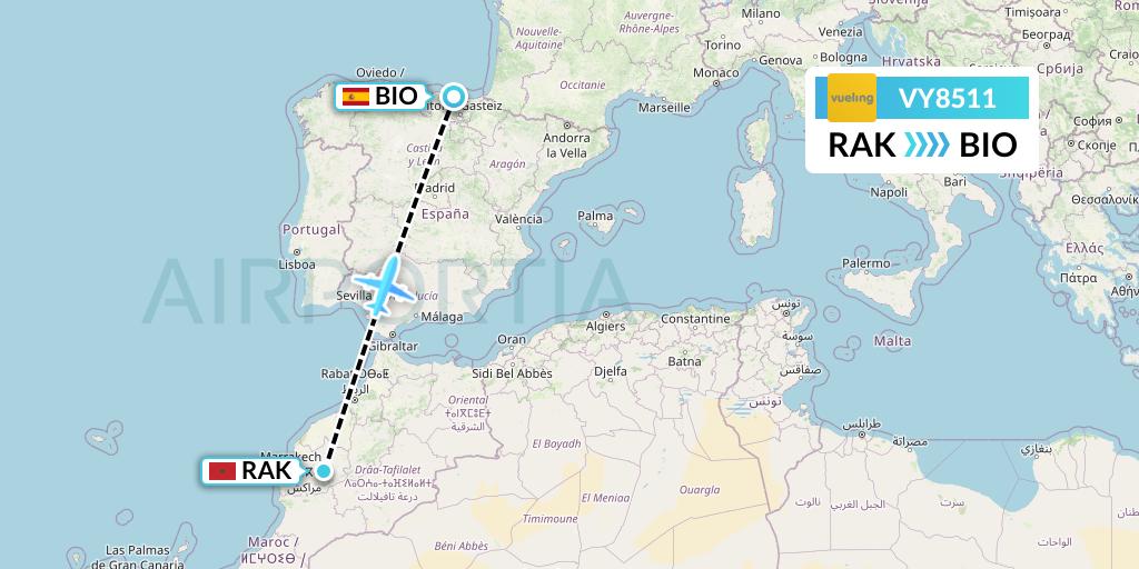 VY8511 Vueling Flight Map: Marrakesh to Bilbao