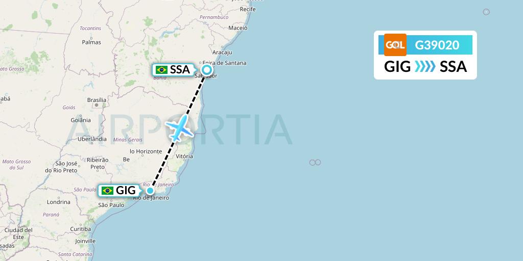G39020 GOL Transportes Aeros Flight Map: Rio de Janeiro to Salvador