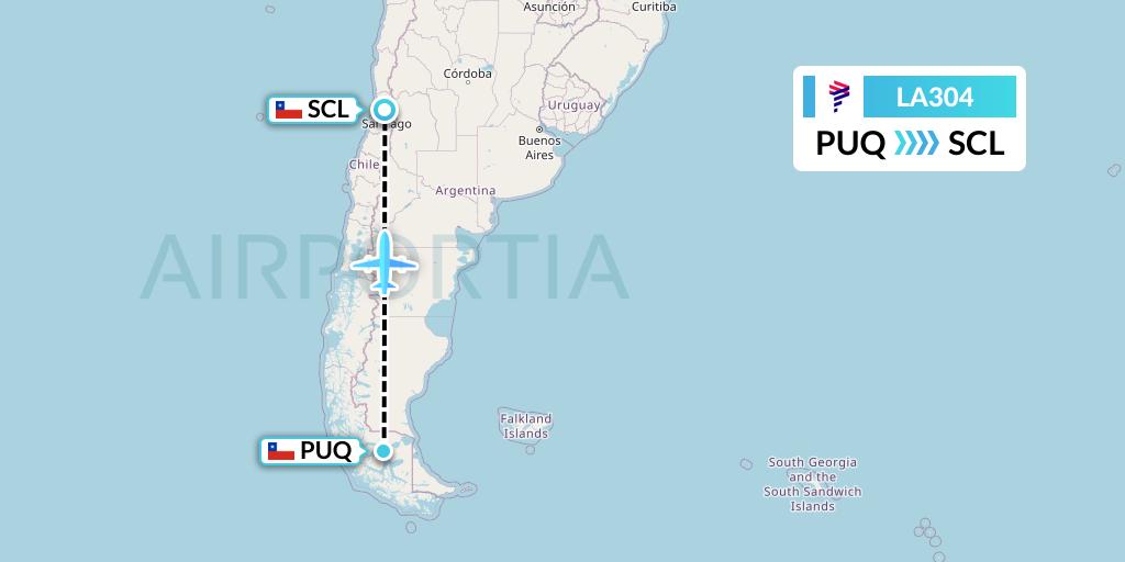 LA304 LAN Airlines Flight Map: Punta Arenas to Santiago