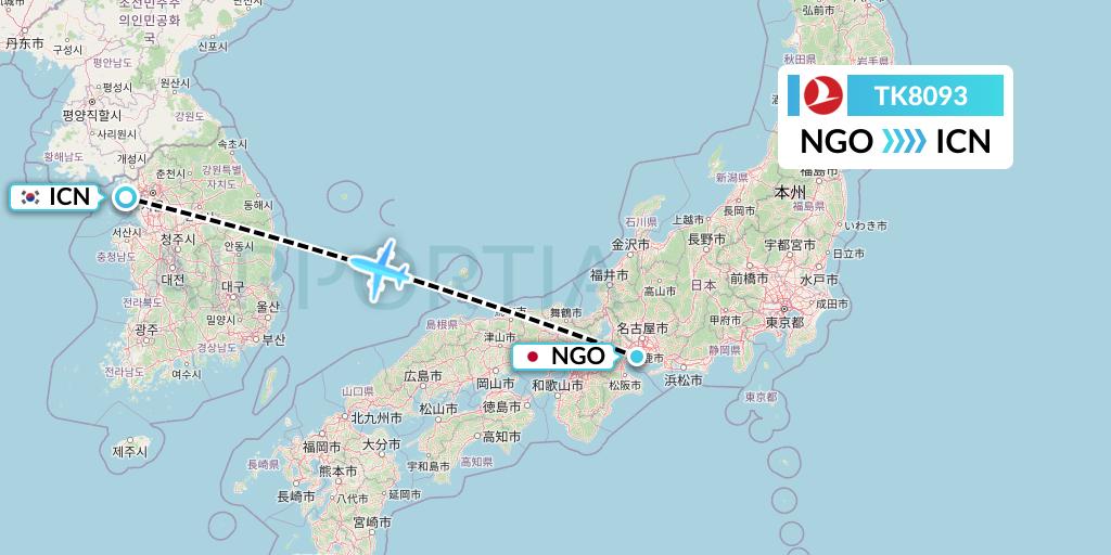 TK8093 Turkish Airlines Flight Map: Nagoya to Seoul