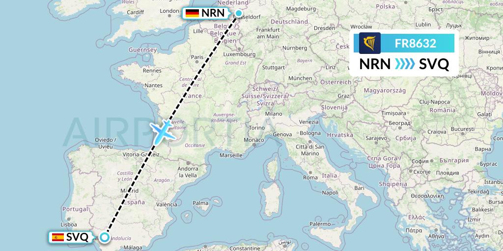 FR8632 Ryanair Flight Map: Weeze to Seville